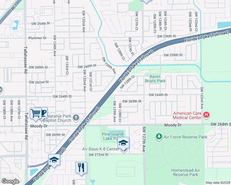 map of restaurants, bars, coffee shops, grocery stores, and more near 12835 Southwest 263rd Terrace in Naranja