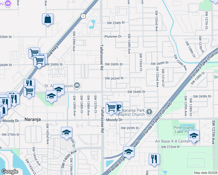 map of restaurants, bars, coffee shops, grocery stores, and more near 26321 Southwest 136th Place in Homestead