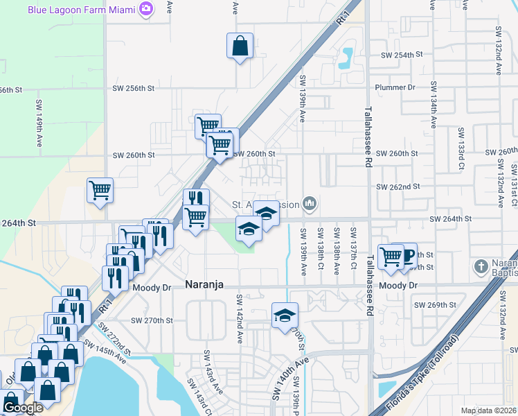 map of restaurants, bars, coffee shops, grocery stores, and more near 14032 Southwest 263rd Terrace in Naranja