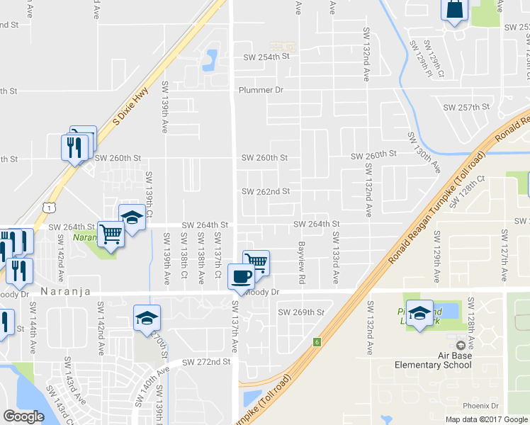 map of restaurants, bars, coffee shops, grocery stores, and more near 26322 Southwest 135th Avenue in Homestead