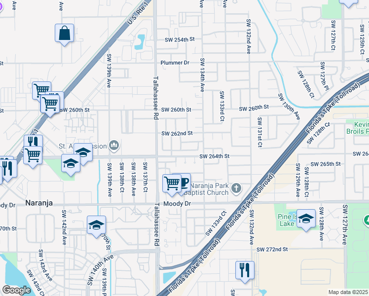 map of restaurants, bars, coffee shops, grocery stores, and more near 26322 Southwest 135th Avenue in Homestead