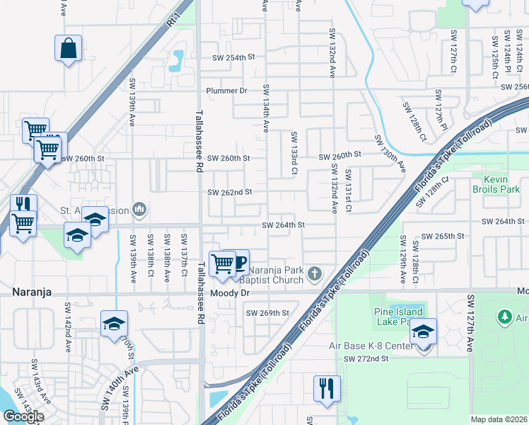 map of restaurants, bars, coffee shops, grocery stores, and more near 13421 Southwest 263rd Terrace in Homestead
