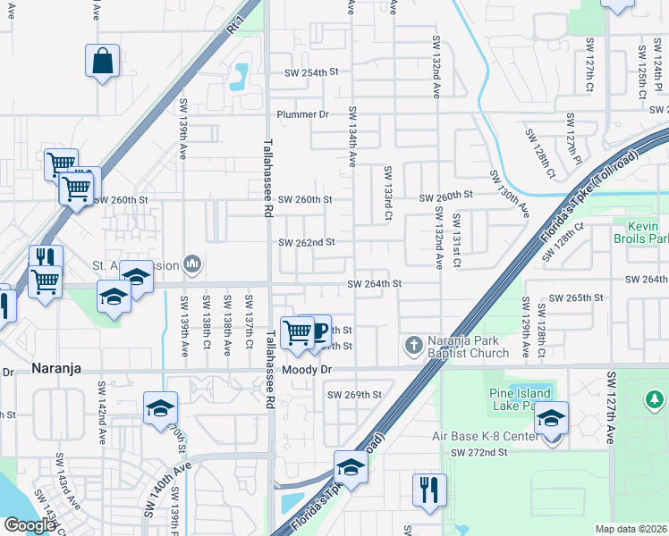 map of restaurants, bars, coffee shops, grocery stores, and more near 13421 Southwest 263rd Terrace in Homestead