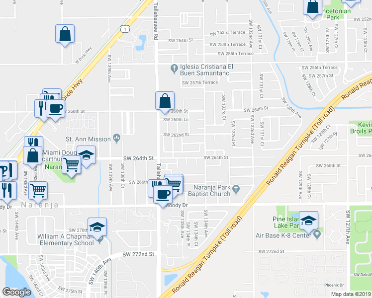 map of restaurants, bars, coffee shops, grocery stores, and more near 26322 Southwest 135th Avenue in Homestead