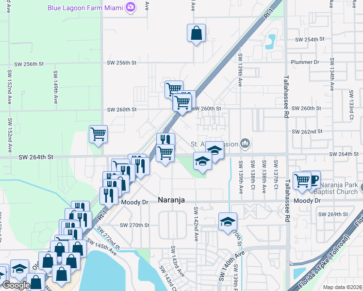 map of restaurants, bars, coffee shops, grocery stores, and more near 14250 Henderson Street in Naranja