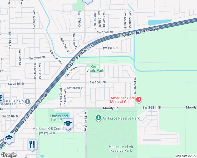 map of restaurants, bars, coffee shops, grocery stores, and more near 12504 Southwest 263rd Terrace in Homestead