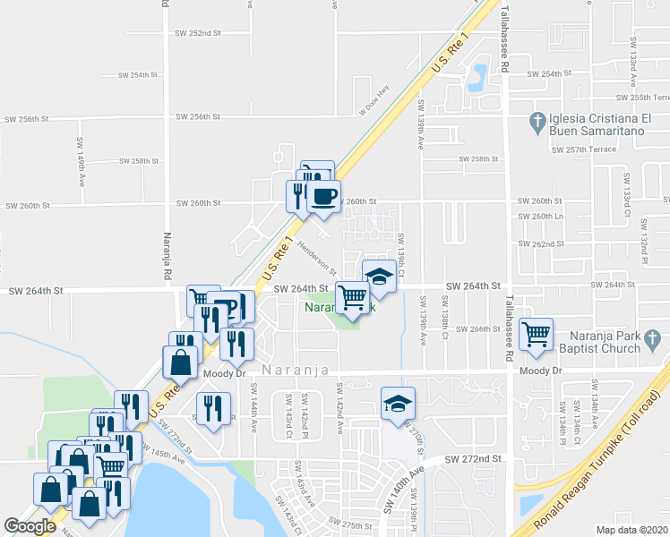 map of restaurants, bars, coffee shops, grocery stores, and more near 14201 Henderson Street in Naranja