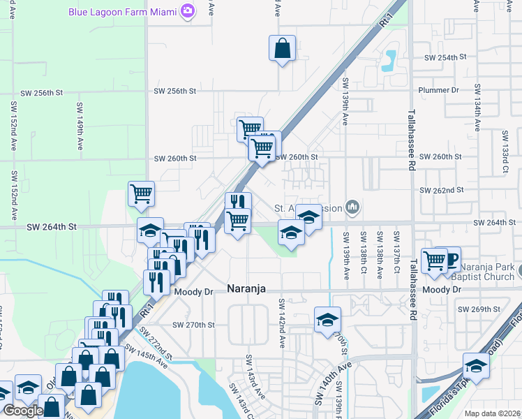 map of restaurants, bars, coffee shops, grocery stores, and more near 14250 Henderson Street in Naranja