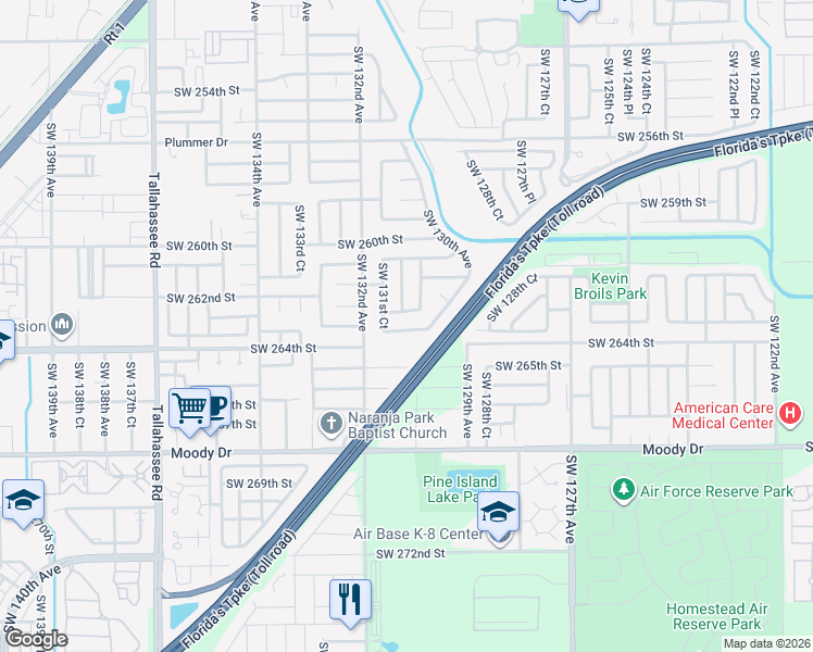 map of restaurants, bars, coffee shops, grocery stores, and more near 13075 Southwest 263rd Terrace in Homestead