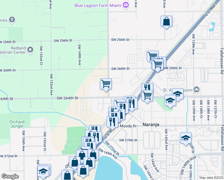 map of restaurants, bars, coffee shops, grocery stores, and more near 26355 Southwest 147th Avenue in Naranja
