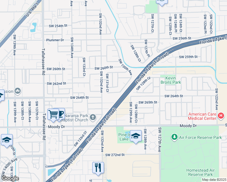 map of restaurants, bars, coffee shops, grocery stores, and more near 13075 Southwest 263rd Terrace in Homestead