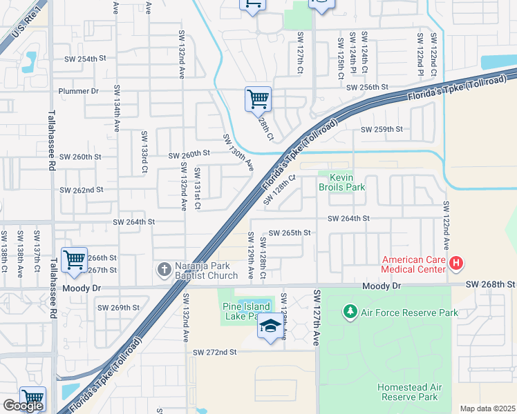 map of restaurants, bars, coffee shops, grocery stores, and more near 12835 Southwest 263rd Terrace in Naranja