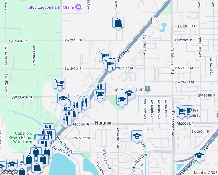 map of restaurants, bars, coffee shops, grocery stores, and more near 14250 Henderson Street in Naranja