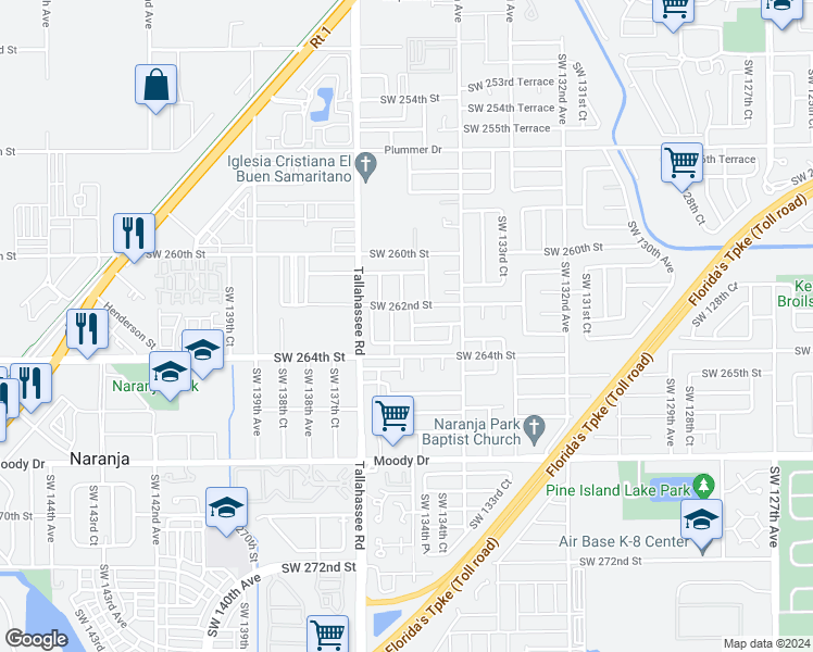 map of restaurants, bars, coffee shops, grocery stores, and more near 26302 Southwest 135th Avenue in Homestead