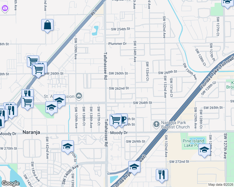 map of restaurants, bars, coffee shops, grocery stores, and more near 26287 Southwest 135th Place in Homestead