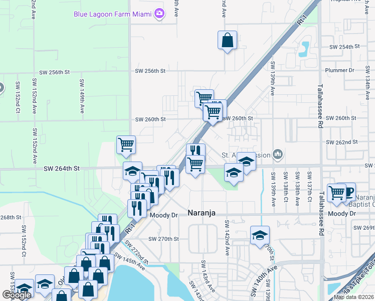 map of restaurants, bars, coffee shops, grocery stores, and more near 26220 South Dixie Highway in Homestead