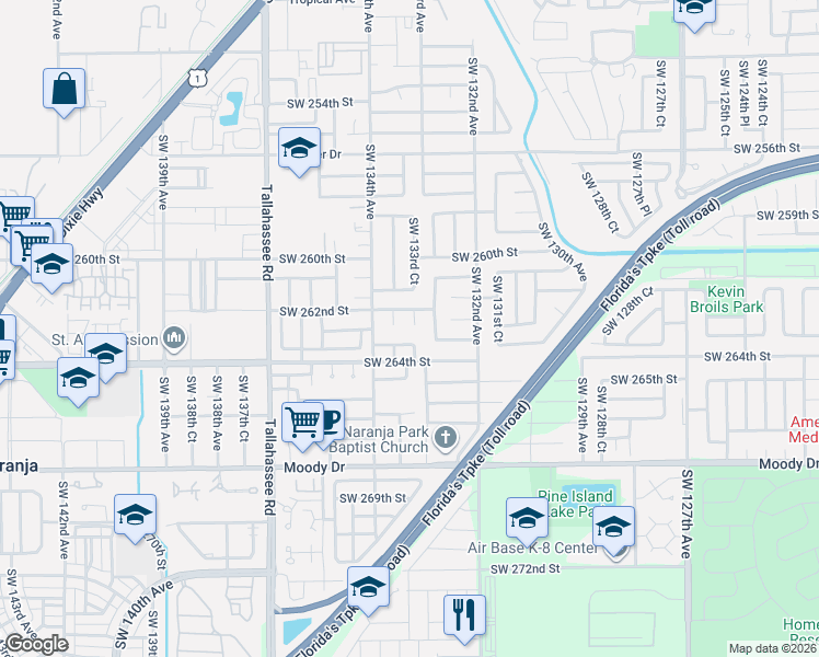 map of restaurants, bars, coffee shops, grocery stores, and more near 13367 Southwest 263rd Terrace in Homestead