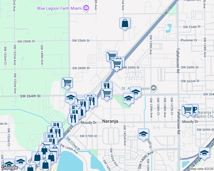 map of restaurants, bars, coffee shops, grocery stores, and more near 26220 South Dixie Highway in Homestead