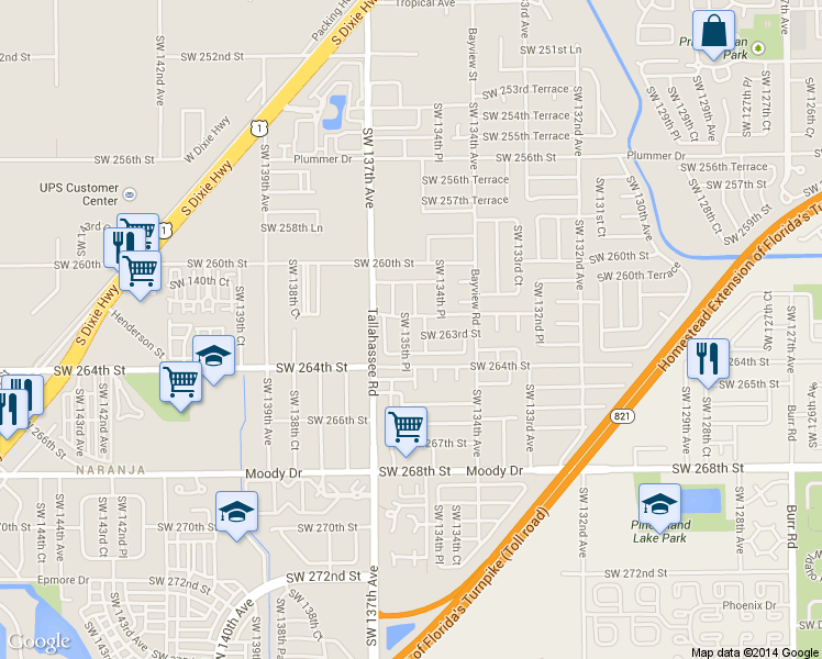 map of restaurants, bars, coffee shops, grocery stores, and more near 26322 Southwest 135th Avenue in Homestead