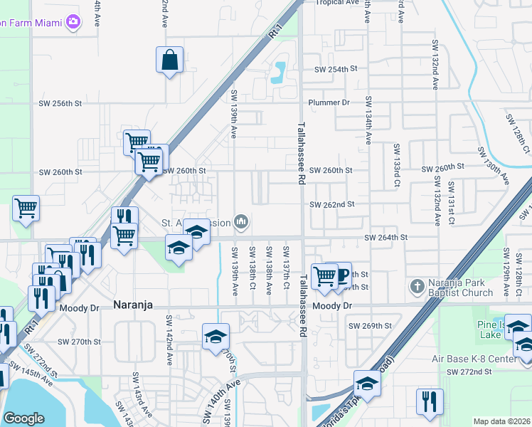 map of restaurants, bars, coffee shops, grocery stores, and more near 13855 Southwest 264th Street in Homestead