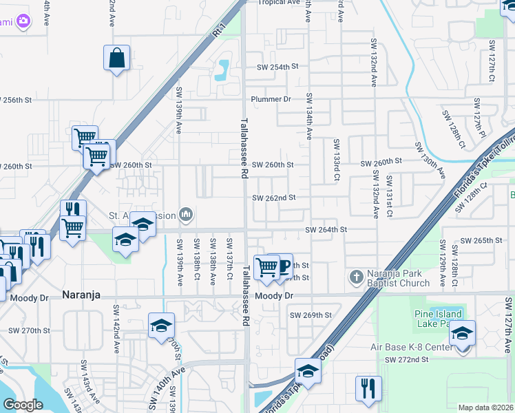 map of restaurants, bars, coffee shops, grocery stores, and more near 26261 Southwest 136th Place in Homestead