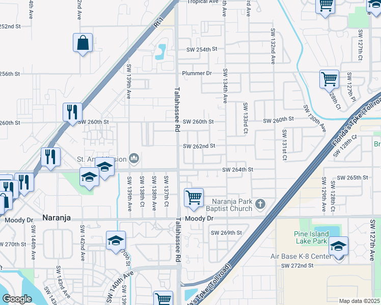 map of restaurants, bars, coffee shops, grocery stores, and more near 26260 Southwest 135th Place in Homestead
