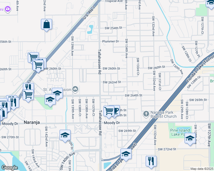 map of restaurants, bars, coffee shops, grocery stores, and more near 26246 Southwest 135th Place in Homestead