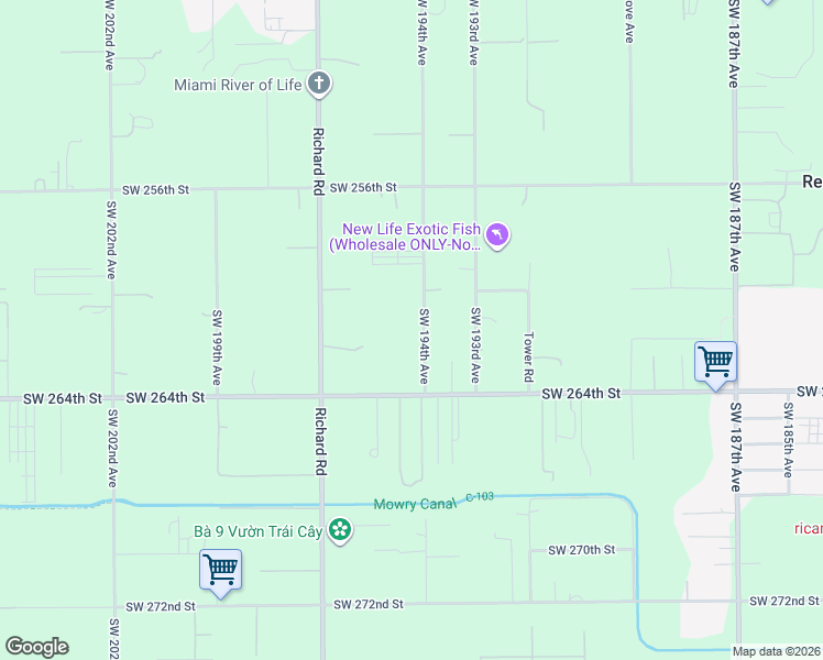 map of restaurants, bars, coffee shops, grocery stores, and more near 26100 Southwest 194th Avenue in Homestead
