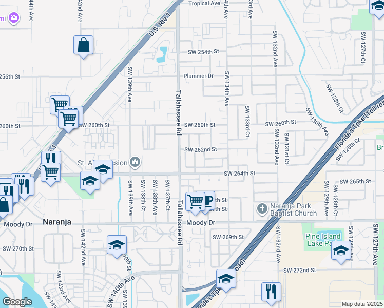 map of restaurants, bars, coffee shops, grocery stores, and more near 26600 Southwest 136 Court in Princeton