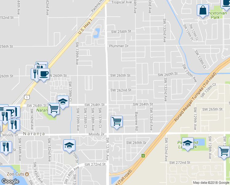 map of restaurants, bars, coffee shops, grocery stores, and more near 26600 Southwest 136 Court in Princeton