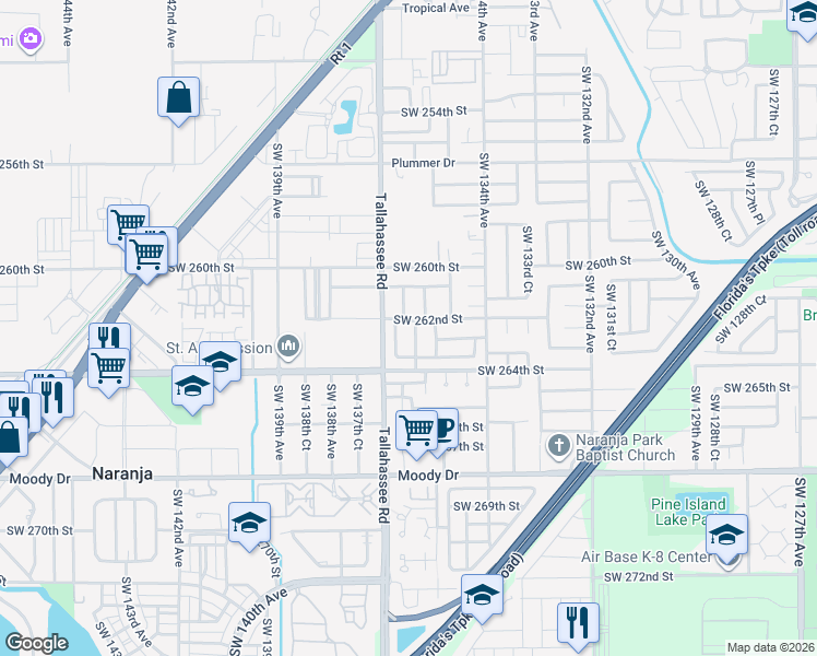 map of restaurants, bars, coffee shops, grocery stores, and more near 26600 Southwest 136 Court in Princeton