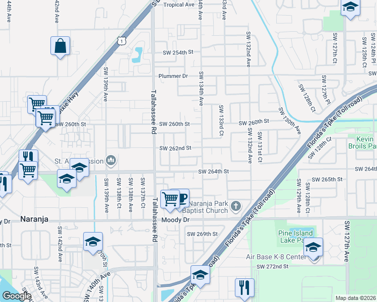 map of restaurants, bars, coffee shops, grocery stores, and more near 13412 Southwest 261st Lane in Homestead