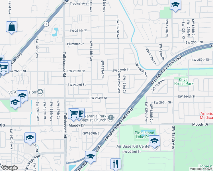 map of restaurants, bars, coffee shops, grocery stores, and more near 26171 Southwest 132nd Place in Homestead