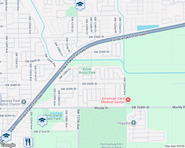 map of restaurants, bars, coffee shops, grocery stores, and more near 26161 Southwest 125th Avenue in Homestead