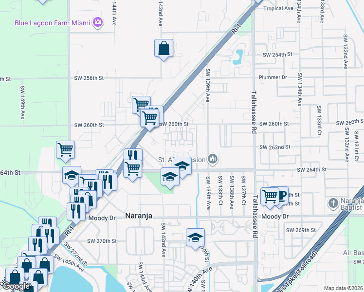 map of restaurants, bars, coffee shops, grocery stores, and more near 14130 Southwest 260th Street in Homestead
