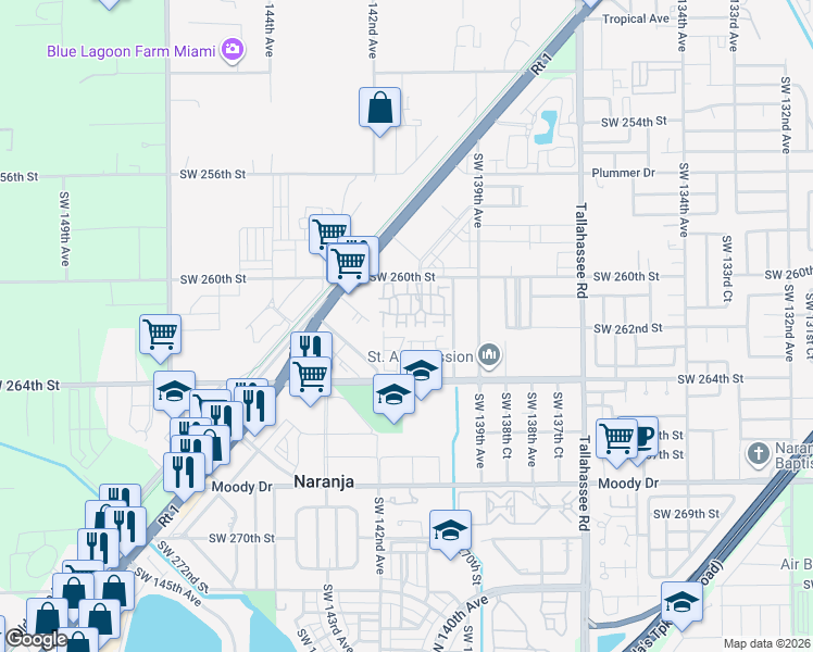 map of restaurants, bars, coffee shops, grocery stores, and more near 14130 Southwest 260th Street in Homestead