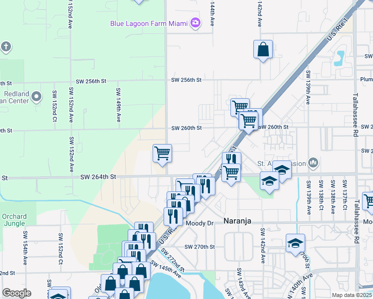 map of restaurants, bars, coffee shops, grocery stores, and more near 14460 Southwest 260th Street in Homestead