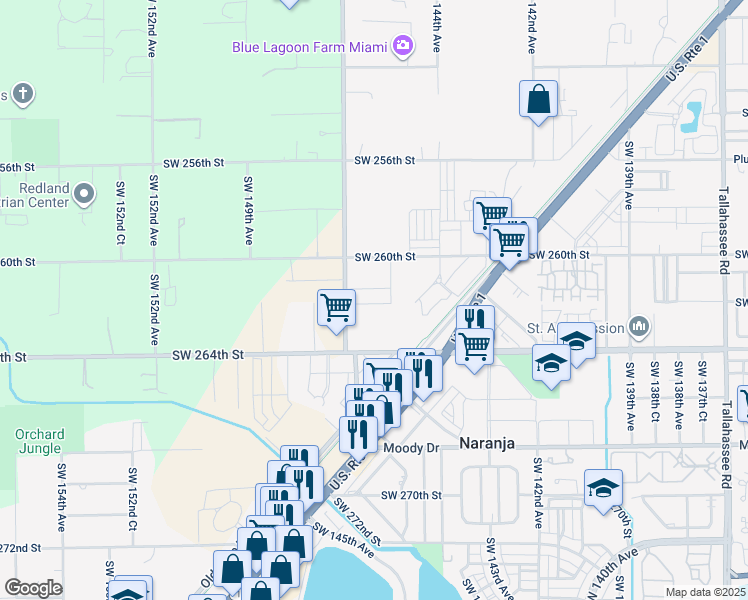 map of restaurants, bars, coffee shops, grocery stores, and more near 14460 Southwest 260th Street in Homestead