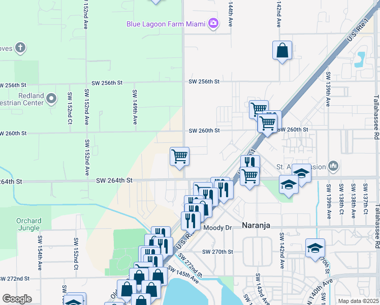 map of restaurants, bars, coffee shops, grocery stores, and more near 26355 Southwest 147th Avenue in Naranja