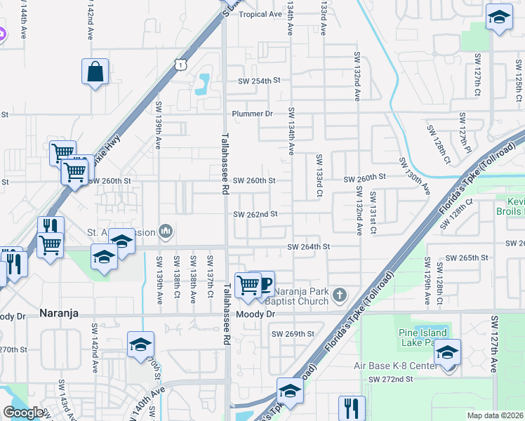 map of restaurants, bars, coffee shops, grocery stores, and more near 26165 Southwest 135th Court in Princeton