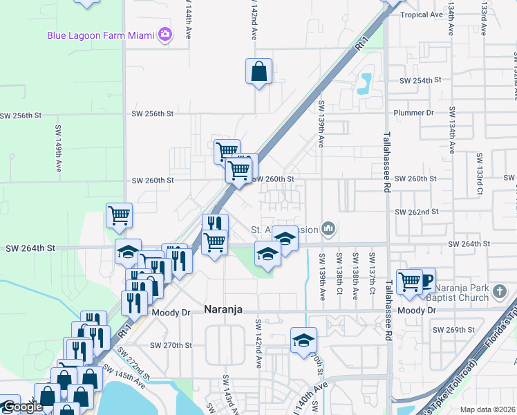 map of restaurants, bars, coffee shops, grocery stores, and more near 26073 South Dixie Highway in Homestead