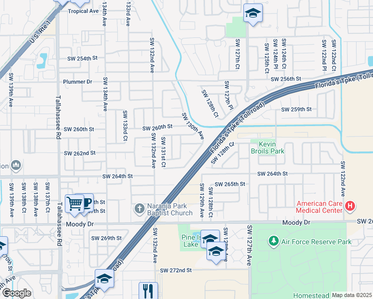 map of restaurants, bars, coffee shops, grocery stores, and more near 13055 Southwest 262nd Terrace in Homestead