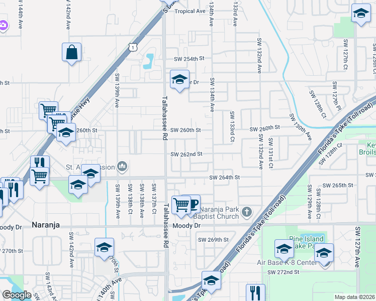 map of restaurants, bars, coffee shops, grocery stores, and more near 26165 Southwest 135th Court in Princeton