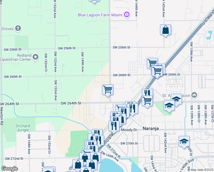 map of restaurants, bars, coffee shops, grocery stores, and more near 26000-26398 SW 147th Ave in Princeton