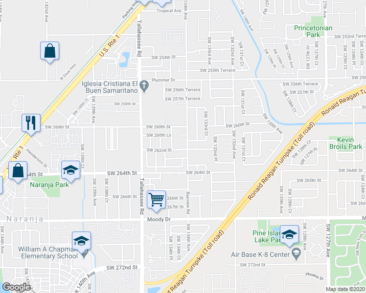 map of restaurants, bars, coffee shops, grocery stores, and more near 13412 Southwest 261st Lane in Homestead