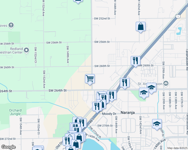 map of restaurants, bars, coffee shops, grocery stores, and more near 26355 Southwest 147th Avenue in Naranja