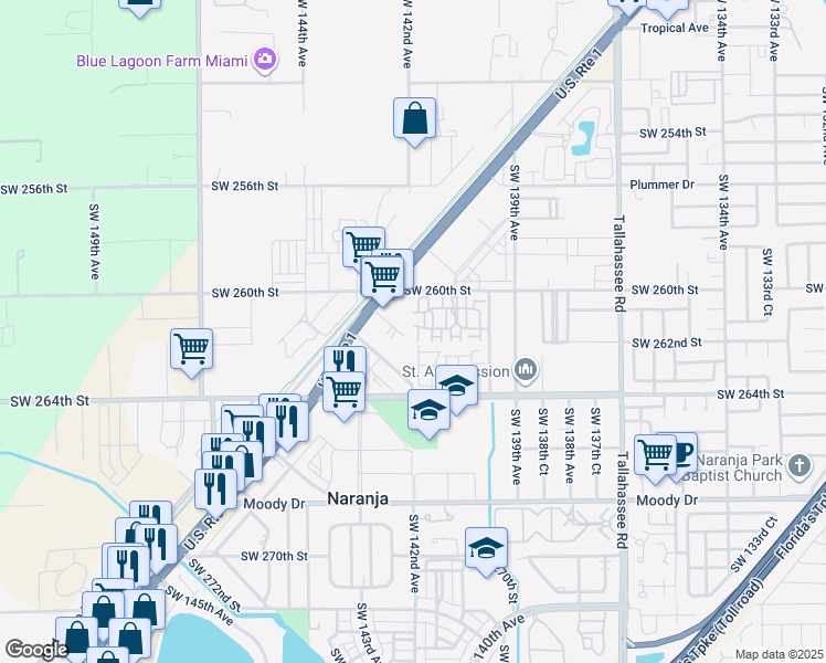 map of restaurants, bars, coffee shops, grocery stores, and more near 26073 South Dixie Highway in Homestead