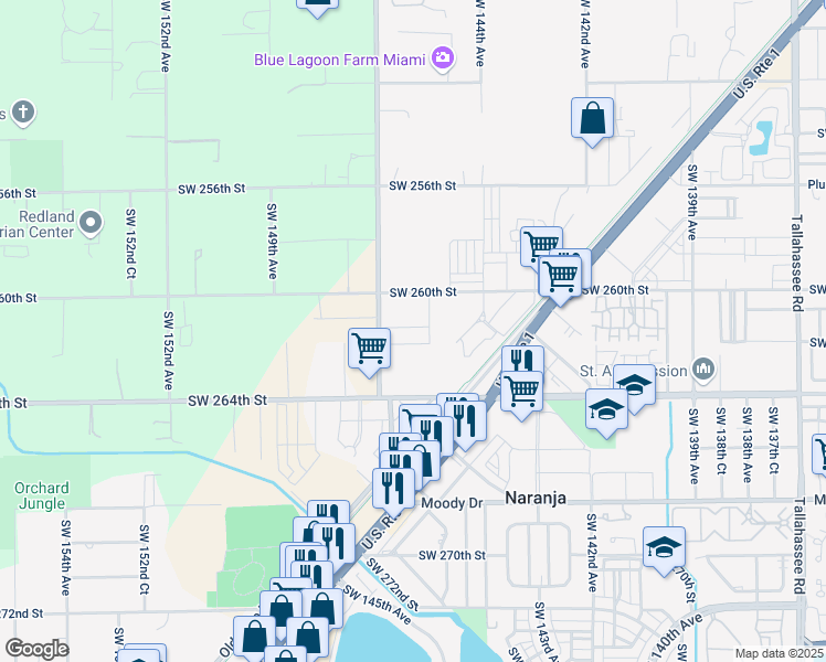 map of restaurants, bars, coffee shops, grocery stores, and more near 14460 Southwest 260th Street in Homestead