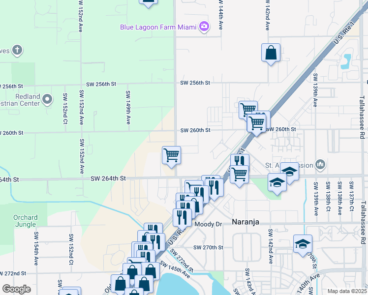 map of restaurants, bars, coffee shops, grocery stores, and more near 26355 Southwest 147th Avenue in Naranja