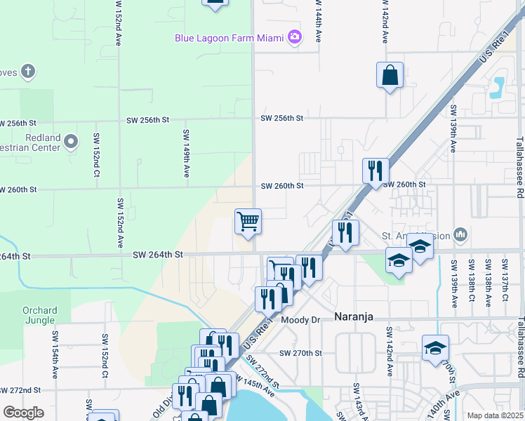 map of restaurants, bars, coffee shops, grocery stores, and more near 26355 Southwest 147th Avenue in Naranja